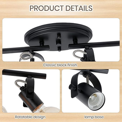 4-Light Track Lighting Fixtures Ceiling, Black Kitchen Track Lighting with Adjustable Light Head,Flush Mount Ceiling Light for Dining Room Living Room Hallway Art Wall Bathroom.
