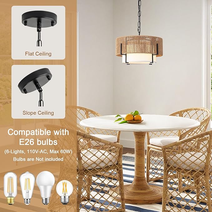 12.6" Rattan Pendant Light, Boho Chandelier Light Fixture with Fabric Shade, Farmhouse Rattan Hanging Ceiling Lighting Fixture for Dining Room, Living Room, Kitchen Island, Bedroom, Hallway, Foyer