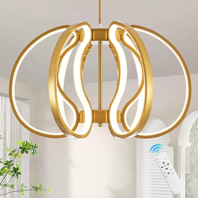 Modern Gold Chandelier with Remote Control, 69W 3-Color Temperature Dimmable LED Chandelier for Dining Room, Hanging Adjustable Pendant Light for Living Room Kitchen Foyer Entryway