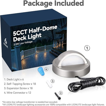 LEONLITE Update 5CCT LED Low Voltage Deck Light, 180LM 3.5inch Landscape Step Railing Fence Light, 12-24V AC/DC, CRI90, Die-cast Aluminum Housing & Frosted Glass Lens, UL Cord, Satin Nickel, Pack of 6