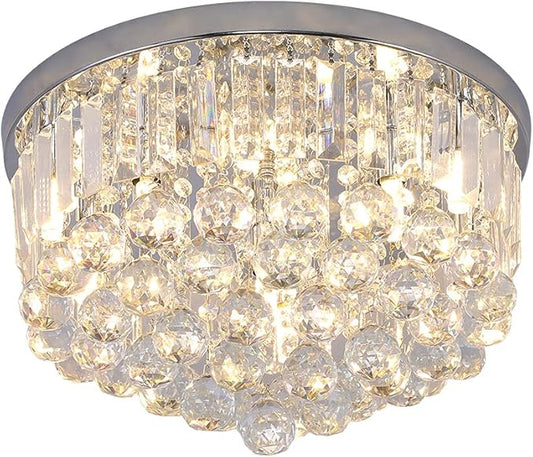 Modern K9 Crystal Raindrop Chandelier Lighting, Flush Mount G9 Base Ceiling Light Fixture Pendant Lamp for Dining Room Bedroom Livingroom Required Height 11''x Width 16''(Chrome)