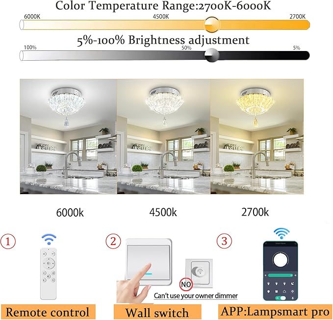 Silver 12'' LED Mini Crystal Chandelier Dimmable Flush Mount Ceiling Light for Hallway Modern Living Room Bedroom Dining Room Foyer