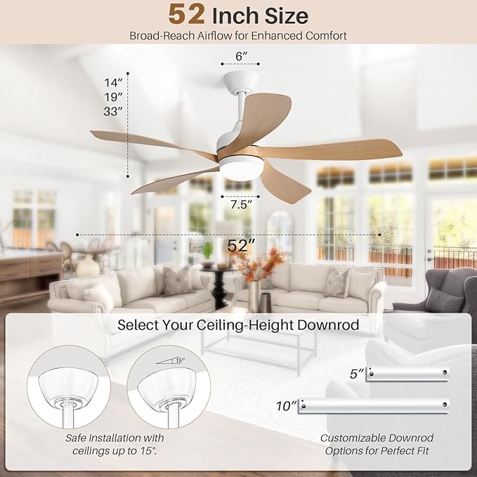 CACI Mall 52 Inch Ceiling Fans with Lights and Remote, modern, Outdoor ceiling fan with 6-Speed, 5 Blades, 2 Downrods, 3 CCT, Timer, Quiet Reversible DC Motor for Living Room, Bedroom, Patios