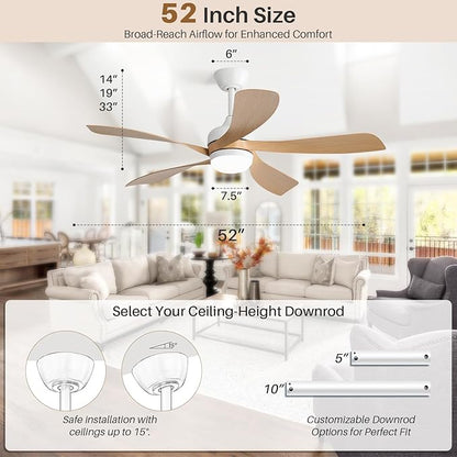 CACI Mall 52 Inch Ceiling Fans with Lights and Remote, modern, Outdoor ceiling fan with 6-Speed, 5 Blades, 2 Downrods, 3 CCT, Timer, Quiet Reversible DC Motor for Living Room, Bedroom, Patios