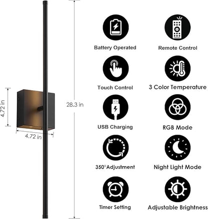 KARTOOSH 28.3 Inch 9 RGB Color Battery Operated Wireless Wall Sconces Set of Two, with Remote, Dimmable, Warm/Natural White/Daylight, Rotatable, LED Wall Light for Living Room, Bedroom, Black