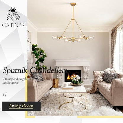 CATINER L40”Sputnik Chandeliers 9-Lights Modern Gold Chandelier Mid Century Ceiling Pendant Light Fixtures with Clear Glass Globe Shades for Kitchen Bedroom Living Dining Room Foyer Entryway