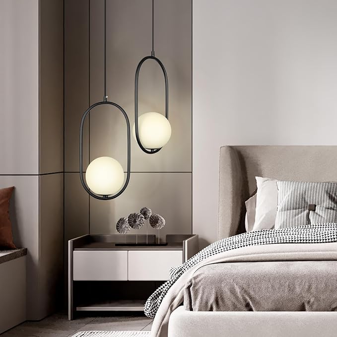 lobolighting Modern Pendant Lighting, 2 Pack Black Pendant Light Fixtures Adjustable Height Mid Century Chandelier, Frosted Glass Globe Single Hanging Light for Kitchen Island Dining Room Bedroom