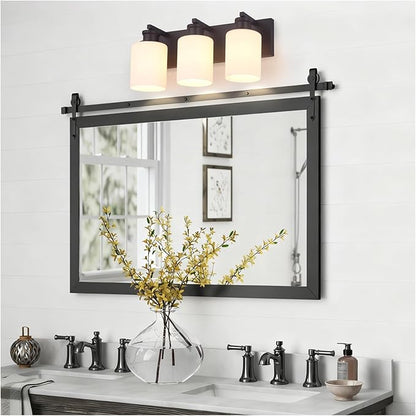 Bathroom Vanity Light, Modern 3 Light Bathroom Light Fixture Over Mirror with White Glass Shade, Black Vanity Lights for Bathroom, E26 Base, 16.5 inch (Bulbs Not Included)