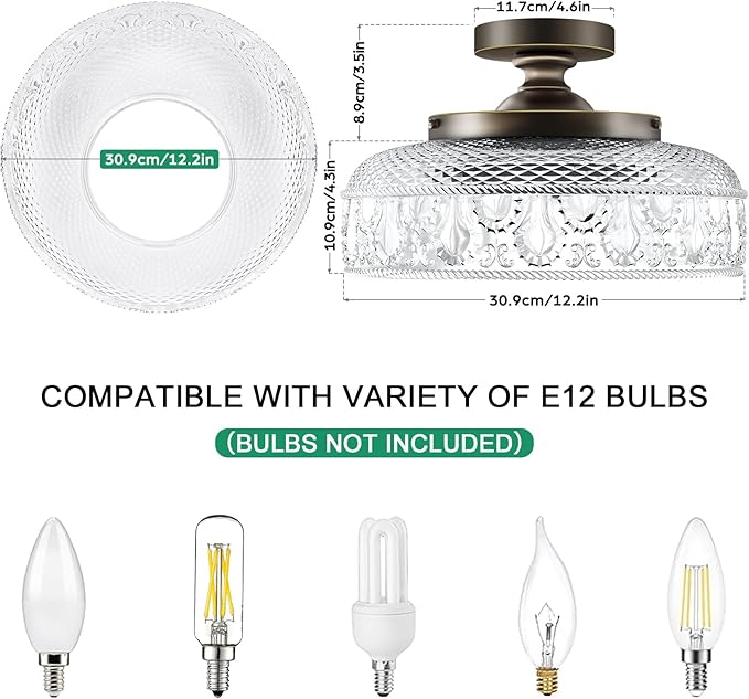 Lamomo Semi Flush Mount Ceiling Light,Upgraded Larger 12 Inch Bronze Hallway Light Fixture,3 Light Globe Glass Close to Ceiling Scone, Indoor Hanging Light for Bedroom Kitchen Porch Hallway