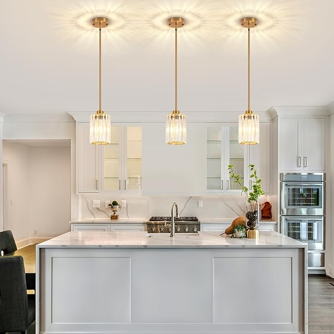 2 Pack Brushed Gold Pendant Lights Kitchen Island, Modern Crystal Kitchen Pendant Lighting Over Island Dining Room Light Fixtures Adjustable Hanging Pendant Light for Bathroom Hallway Foyer Bedroom