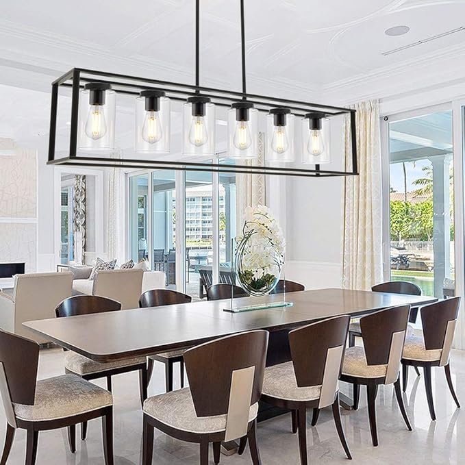 6-Light Chandeliers Black Finished Farmhouse Dining Room Lighting Fixtures Hanging Industrial Modern Kitchen Island Pendant Lighting with Clear Glass Ceiling Lights for Restaurant Bar Hotel
