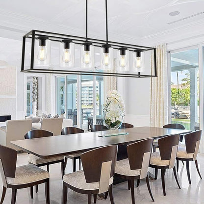 6-Light Chandeliers Black Finished Farmhouse Dining Room Lighting Fixtures Hanging Industrial Modern Kitchen Island Pendant Lighting with Clear Glass Ceiling Lights for Restaurant Bar Hotel