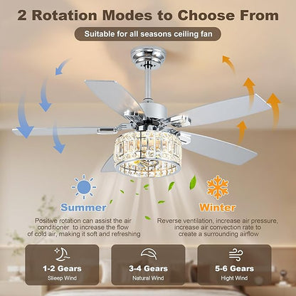 Chandelier Ceiling Fans with Lights and Remote,Caged Ceiling Fan with Light,App 5 Blades E26 Fandelier Ceiling Fans with Lights,Crystal Ceiling Fan for Bedroom,Living Room. (Nickel, 42 Inch)