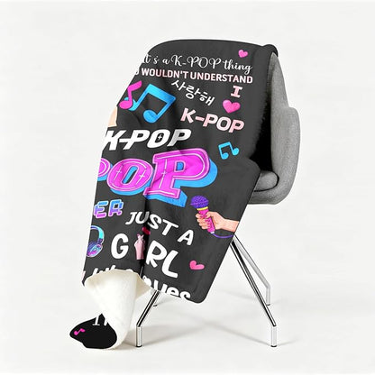 Kpop Gifts Blanket for Teen Girls - Music Gifts for Women Friends K-Pop Fans Lovers, Kpop Merch Stuff, Christmas Birthday Gifts for BFF Girls Women, Just A Girl Who Loves K-pop Blanket 80''x60''