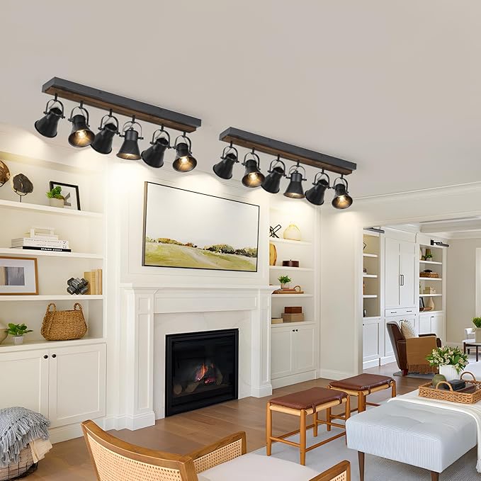 6-Light Track Light Fixtures Ceiling/Wall Mount, Adjustable Spotlight, Industrial Black Kitchen Lighting for Living Room, Dining Room, Hallway, Bathroom