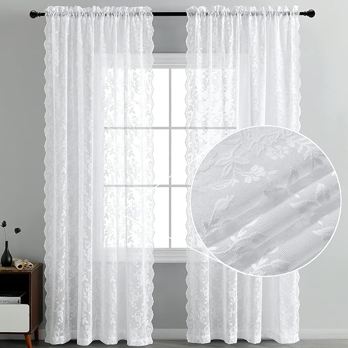 FINECITY White Lace Curtains 108 Inch Long, Vintage Country Floral Sheer Lace Curtains for Bedroom, Rod Pocket Privacy Scalloped Sheer Window Curtain, 52 x 108 Inch, 2 Panels, White