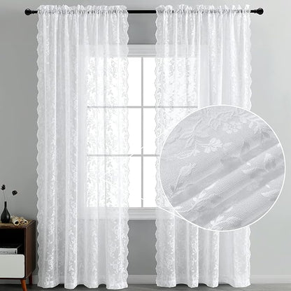 FINECITY White Lace Curtains 108 Inch Long, Vintage Country Floral Sheer Lace Curtains for Bedroom, Rod Pocket Privacy Scalloped Sheer Window Curtain, 52 x 108 Inch, 2 Panels, White