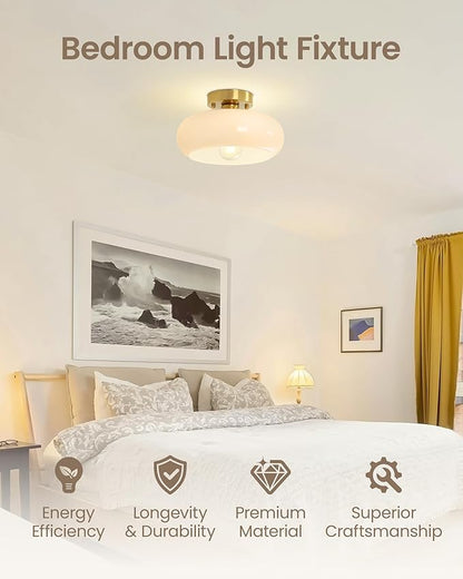 Yunnix Semi Flush Mount Ceiling Light, Milk Glass Light Fixture, Gold Mid-Century Modern Farmhouse Small Light Fixtures for Hallway, Bathroom, Kitchen, Bedroom, Living Room, Closet, Laundry(8.66 Inch)