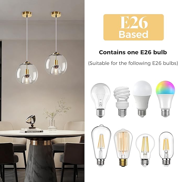 9.1in Large Clear Glass Pendant Light for Kitchen Island – 1-Pack with1 Extra LED Bulb & 4.92ft Adjustable Cord | Modern Minimalist Lighting for Dining Room, Living Room, Entryway