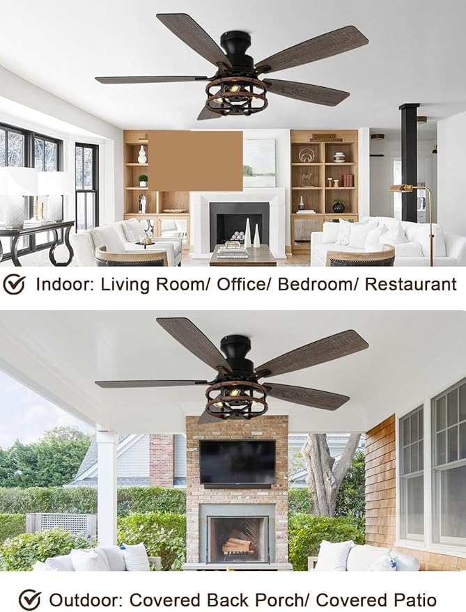 52" Farmhouse Rustic Ceiling Fan with Lights and Remote, Flush Mount Ceiling Fan Low Profile Caged Fandelier Chandelier, 5 Dual Blades Reversible DC Motor 6 Speeds for Bedroom Living Room