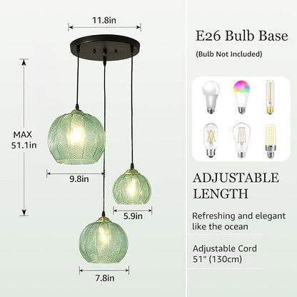 3-Light Glass Globe Light for Kitchen Island, Mid-Century Modern Pendant Ball Chandelier with Green Ribbed Lampshade, Vintage Hanging Ceiling Light Fixture for Dining Room, Over Sink, Table