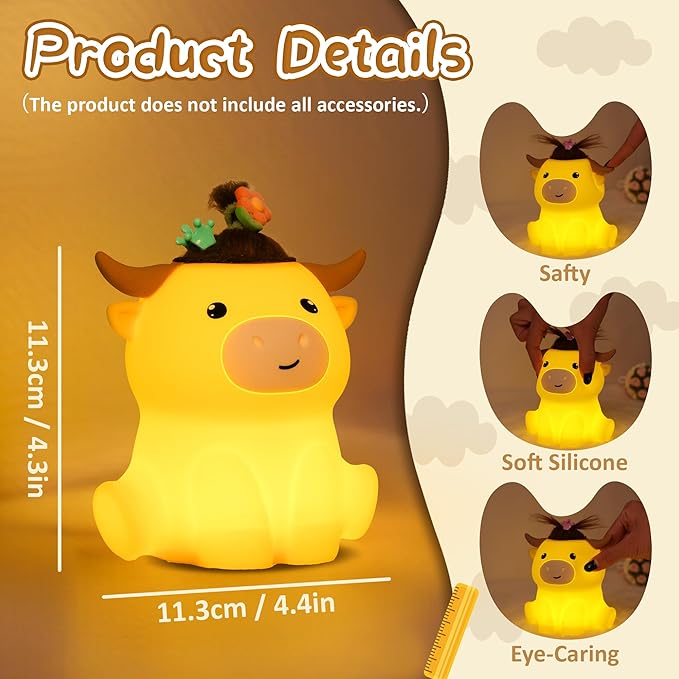 YuanDian Highland Cow Night Light, Squishy Silicone Lamp. Rechargeable, Dimmable with Timer, Touch Control for Bedside, Gift Nightlight for Breastfeeding Toddler Baby Kids (No Accessories Included)