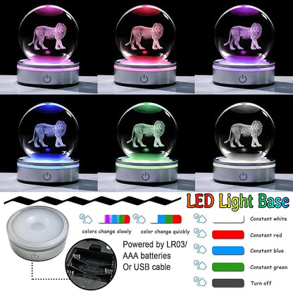 Crystal 3D Lion 3.15in Ball Figurine Gifts for Him Husband, Collectible Glass Animal Art Sphere for Room with LED Light Base, Keepsake for Lion Lovers Home Decor Paperweight