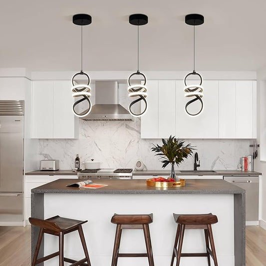 EIDISUNY Modern Led Pendant Light Fixture, 15W Black Spiral Pendant Light Kitchen Island, 4500K Daylight White Pendant Lamp, Adjustable Height Chandelier for Kitchen Dining Room Bedroom (3 Packs)