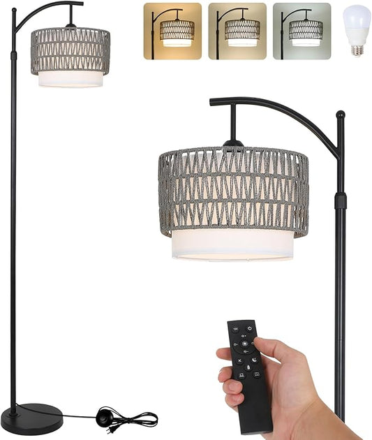 eyassi Floor Lamps for Living Room, Arc Standing Lamp with Remote & Dimmable Bulb, Boho Rattan Floor Lamp for Bedroom with 3 Color Temperatures, Farmhouse Tall Lamp, Height Adjustable Stand up Lamp