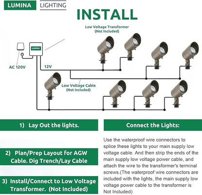Lumina Lighting® 5W Landscape Lighting 12V Landscape Lights Low Voltage Landscape Spotlights Warm White Waterproof Outdoor Replaceable LED Bulb for Garden,Lawn,Porch,Patio and Yard (Bronze) (2-Pack)