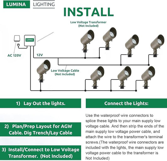 Lumina Lighting® 5W Landscape Lighting 12V Landscape Lights Low Voltage Landscape Spotlights Warm White Waterproof Outdoor Replaceable LED Bulb for Garden,Lawn,Porch,Patio and Yard (Bronze) (6-Pack)