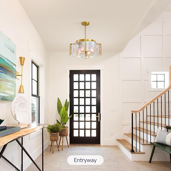 Modern Round Chandeliers for Dining Room: 4-Light Brushed Gold Drum Lights Entryway Light Fixture Hanging - kitchen Chandelier Over Table - Stained Glass Lamp for Bedroom Living Room Foyer Bathroom