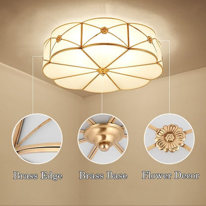 MIXL- Mid Century Brass Flush Mount Ceiling Light, 6-Light LED Brass and Glass Ceiling Lamp, Frosted Glass Shade Modern Light, Close to Ceiling Light Decorative for Bedroom Living Room(23.62" W)