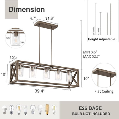 Upgraded Burlywood Dining Room Light Fixture - 5 Light Rectangle Light Fixtures with Clear Glass Shade& Adjustable Height& Thickened Metal Dining Table Lights Fixture Chandeliers for DiningRoom
