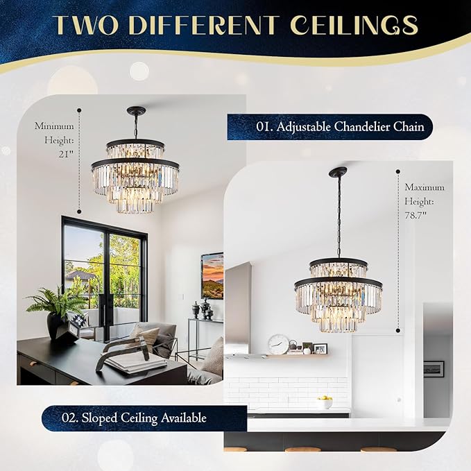 15 Lights Black Crystal Chandeliers 22" 4-Tier Luxury K9 Crystal Lighting Modern Round Ceiling Pendant Light Fixture for Living Room Dining Room Bedroom Kitchen Foyer