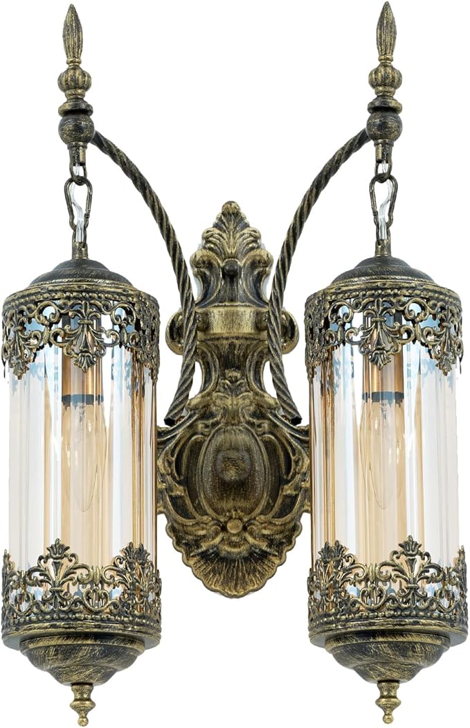 Rustic Wall Sconce with Amber Glass Vintage Antique Gothic Wall Light Fixture Retro Mid Centry Lantern Wall Sconce for Bedroom, Living Room, Mirror, Brush Gold