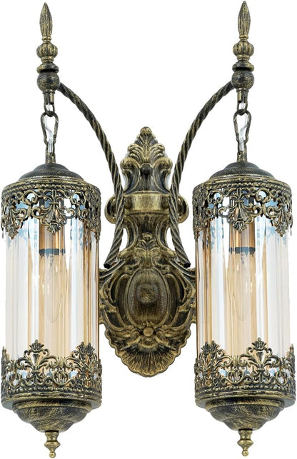 Rustic Wall Sconce with Amber Glass Vintage Antique Gothic Wall Light Fixture Retro Mid Centry Lantern Wall Sconce for Bedroom, Living Room, Mirror, Brush Gold