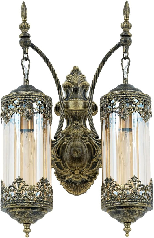 Rustic Wall Sconce with Amber Glass Vintage Antique Gothic Wall Light Fixture Retro Mid Centry Lantern Wall Sconce for Bedroom, Living Room, Mirror, Brush Gold