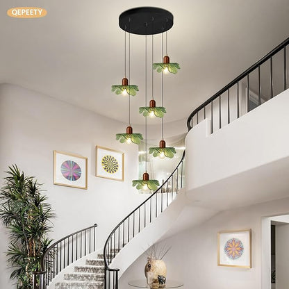 Long Chandelier for High Ceilings Flower Pendant Light 6-Lights Modern Black Chandelier Green Hanging Flush Mount Lighting Fixtures for Spiral Staircase Foyer Entryway Living
