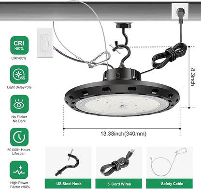 UFO LED High Bay Light 240W 5000K 0-10V Dimmable 36000LM High Bay LED Shop Lights 240w with US Plug IP65 ETL Listed 1000W HID/HPS Replacement UFO Lights for Shop Warehouse Garage Gym 4 Pack