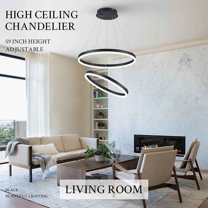Modern LED Chandelier Black 2-Rings Pendant Light Circular Flush Mount Ceiling Chandelier Lighting with Remote Control for Bedroom Living Room Dining Room Entrance, 3000K-6500K
