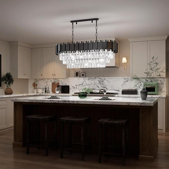 32" Black Rectangular Crystal Chandelier, Modern Flush-Mount 8-Light Ceiling Light Fixture, K9 Raindrop Luxury Pendant Lighting for Dining Room Living Room