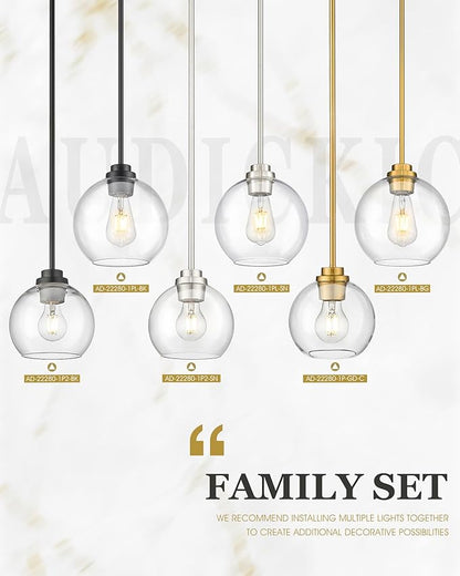 Gold Pendant Lights Kitchen Island, 8" Pendant Light Fixtures with Globe Clear Glass Shade, Modern Kitchen Island Lighting for Bathroom, AD-22280-1PL-GD
