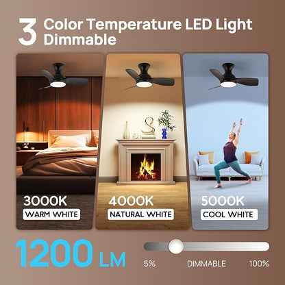 Consciot Ceiling Fan With Lights 30 Inch, Kids Ceiling Fan Black Modern, Flush Mount, Reversible Quiet DC Motor, 6 Speed, Dimmable, Kitchen Bedroom Patio