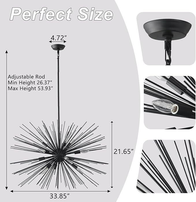 33.85" Black Sputnik Chandelier Vintage 12-Light Geometric Starburst Chandelier Light Fixture Large Solid Metal Black Sputnik Chandeliers for Dining Room, Kitchen, Bedroom, Living Room, E12