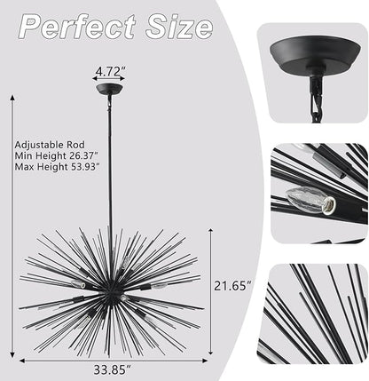 33.85" Black Sputnik Chandelier Vintage 12-Light Geometric Starburst Chandelier Light Fixture Large Solid Metal Black Sputnik Chandeliers for Dining Room, Kitchen, Bedroom, Living Room, E12