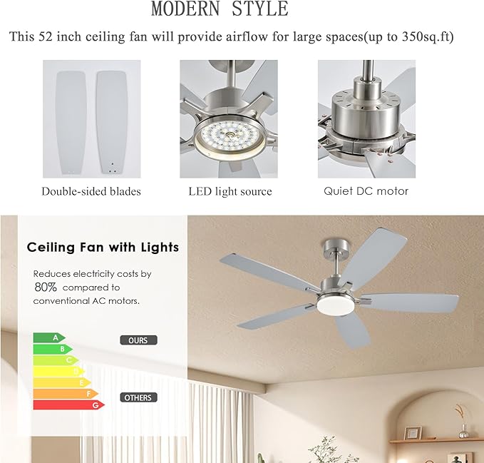 NKPU Ceiling Fans with Lights, 52 Inch Low Profile Ceiling Fan with Light and Remote Control, 2 Downrods, DC Reversible Motor, Dimmable LED Ceiling Fans for Bedroom,Indoor/Outdoor Patio Use（Nickel）