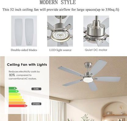 NKPU Ceiling Fans with Lights, 52 Inch Low Profile Ceiling Fan with Light and Remote Control, 2 Downrods, DC Reversible Motor, Dimmable LED Ceiling Fans for Bedroom,Indoor/Outdoor Patio Use（Nickel）