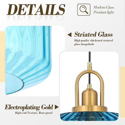 11.8in Mid Century Modern Blue Glass Pendant Light Fixture, Large Gold Kitchen Island Pendants Light Glass Ceiling Hanging Lamp for Foyer Dining Room Bedroom Entryway Hallway Over Sink