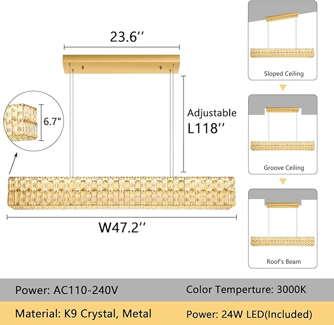 47 Inch Rectangular Crystal Chandelier Glam Dimmable LED Chandeliers for Dining Room Linear Pendant Light with Remote Control for Kitchen Island Gold